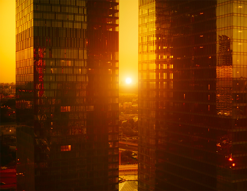 Condo towers at sunset